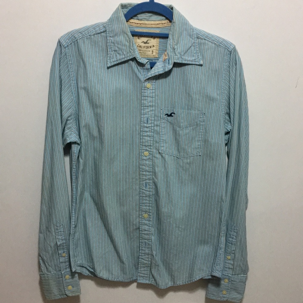 Hollister Long Sleeve Casual Button Up Logo Striped Shirt Blue Men's Size Small